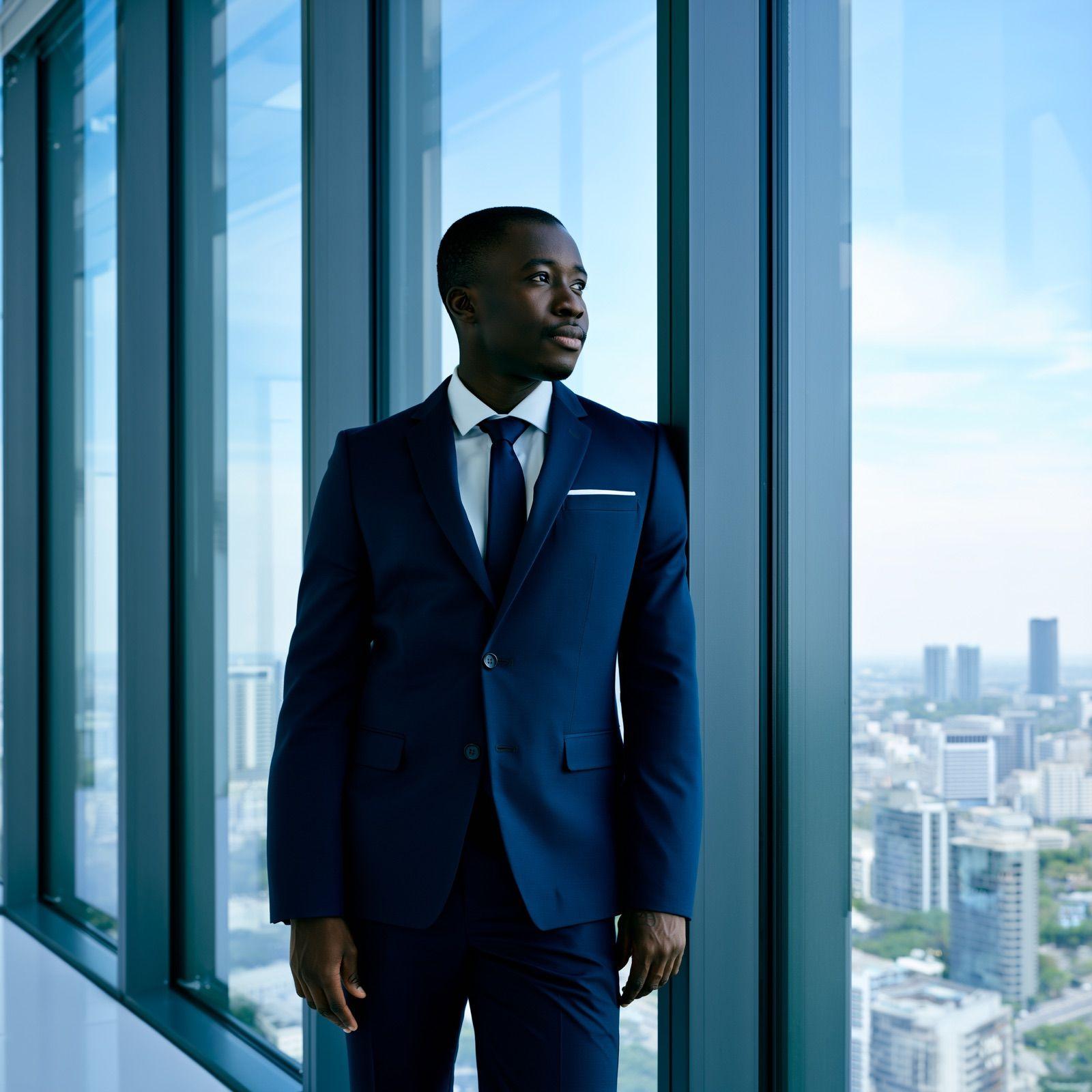 A businessman in a navy suit looking over Lagos from an office tower